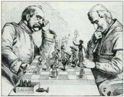 Karikatur aus dem Magazin Kladderadatsch von 1875: Bismarck und Papst Pius IX. beim Schach